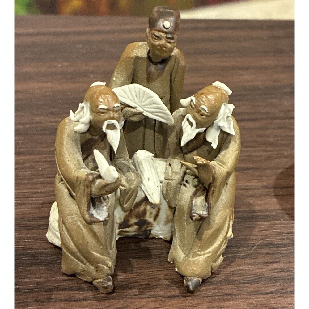 Vintage Chinese Mudmen Figurine 3 Wise Men Scholars Clay Sculpture Bonsai